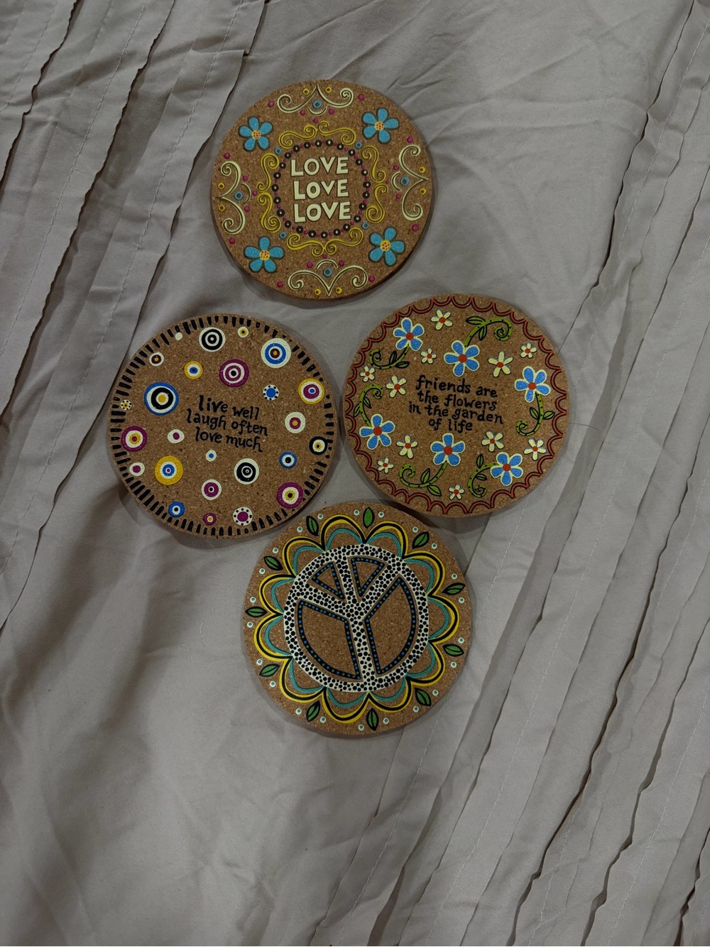 hand-painted hippie cork coasters